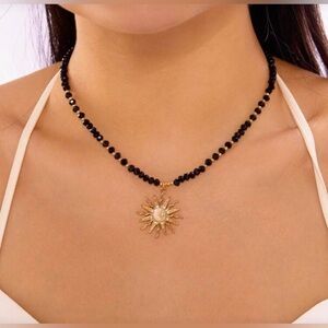 ☀️☀️☀️3 for 12$☀️☀️☀️Black, White, Teal Beaded Necklace with Gold Sun Pendant